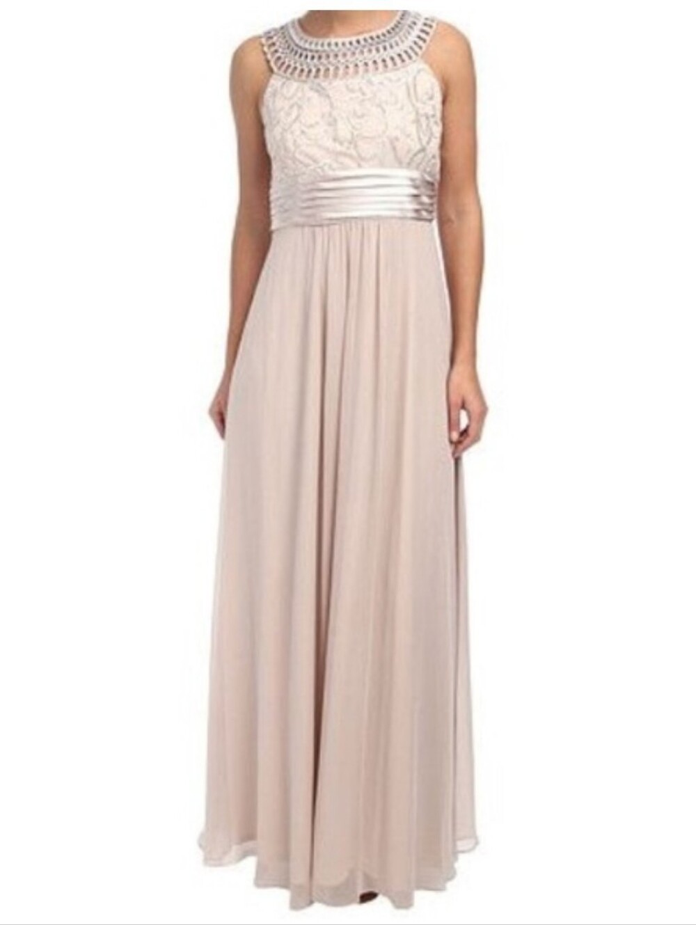 Jessica Howard Beaded Yoke Chiffon Maxi Dress in Light Beige Sz 6 Pre-owned